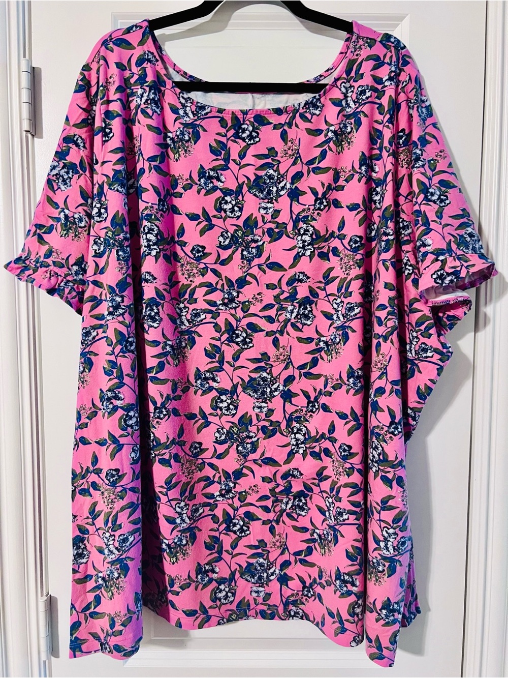 Pink Floral Blouse with Ruffle-Hem Sleeves